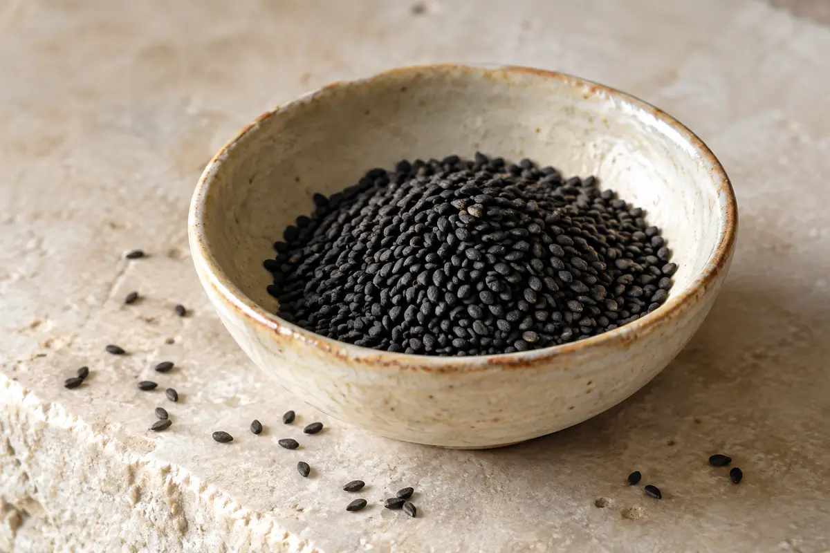Graines de nigelle noires entières dans une coupelle en céramique posée sur une pierre claire.