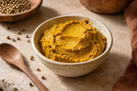 Pâte de curry jaune dans une coupelle artisanale, posée sur une pierre claire