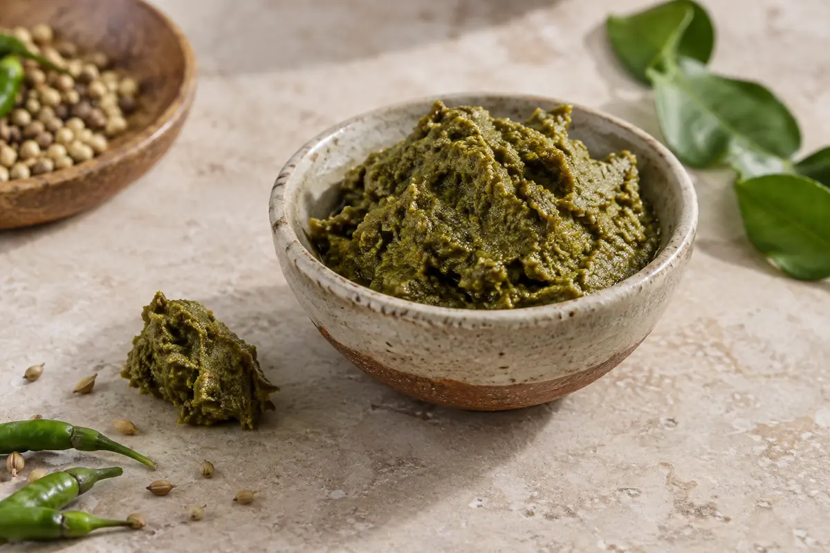 Pâte de curry vert thaïe présentée dans une coupelle artisanale sur une pierre claire.