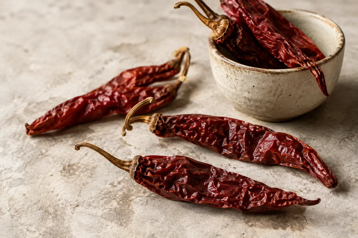 Piments entiers du Cachemire, longs et ridés, disposés sur une pierre claire près d’une céramique.