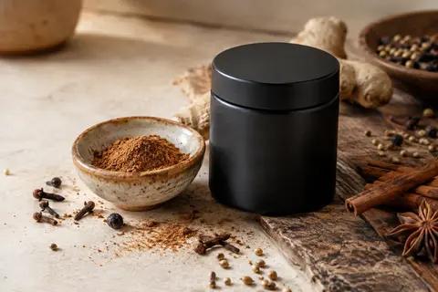 Pot noir refermable de mélange d’épices pour pain d’épices, avec poudre présentée dans une coupelle en céramique.