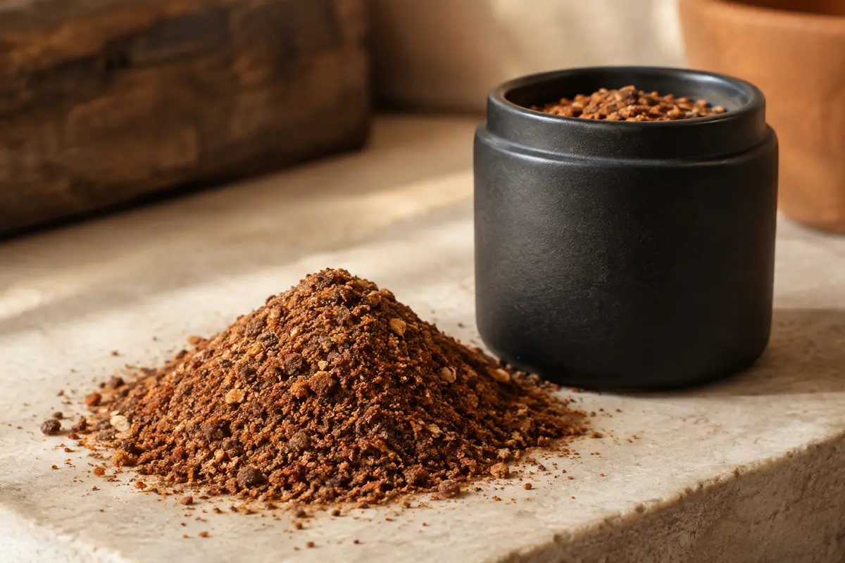 Rub barbecue en poudre pour porc présenté sur une pierre claire près d’un pot noir mat.