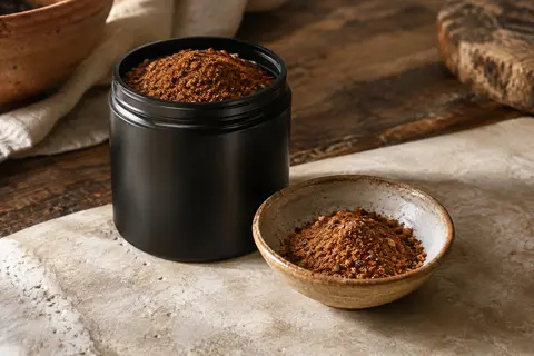 Pot noir opaque de rub BBQ en poudre posé sur une pierre claire près d’une coupelle de mélange.
