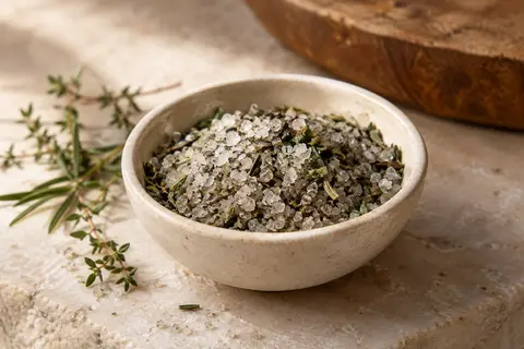 Sel marin gris aux herbes présenté dans une coupelle en céramique sur une pierre claire.