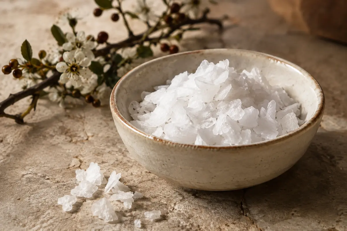 Flocons blancs et irréguliers de sel marin écossais présentés dans une coupelle en céramique sur pierre claire.