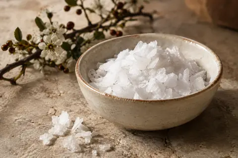 Flocons blancs et irréguliers de sel marin écossais présentés dans une coupelle en céramique sur pierre claire.
