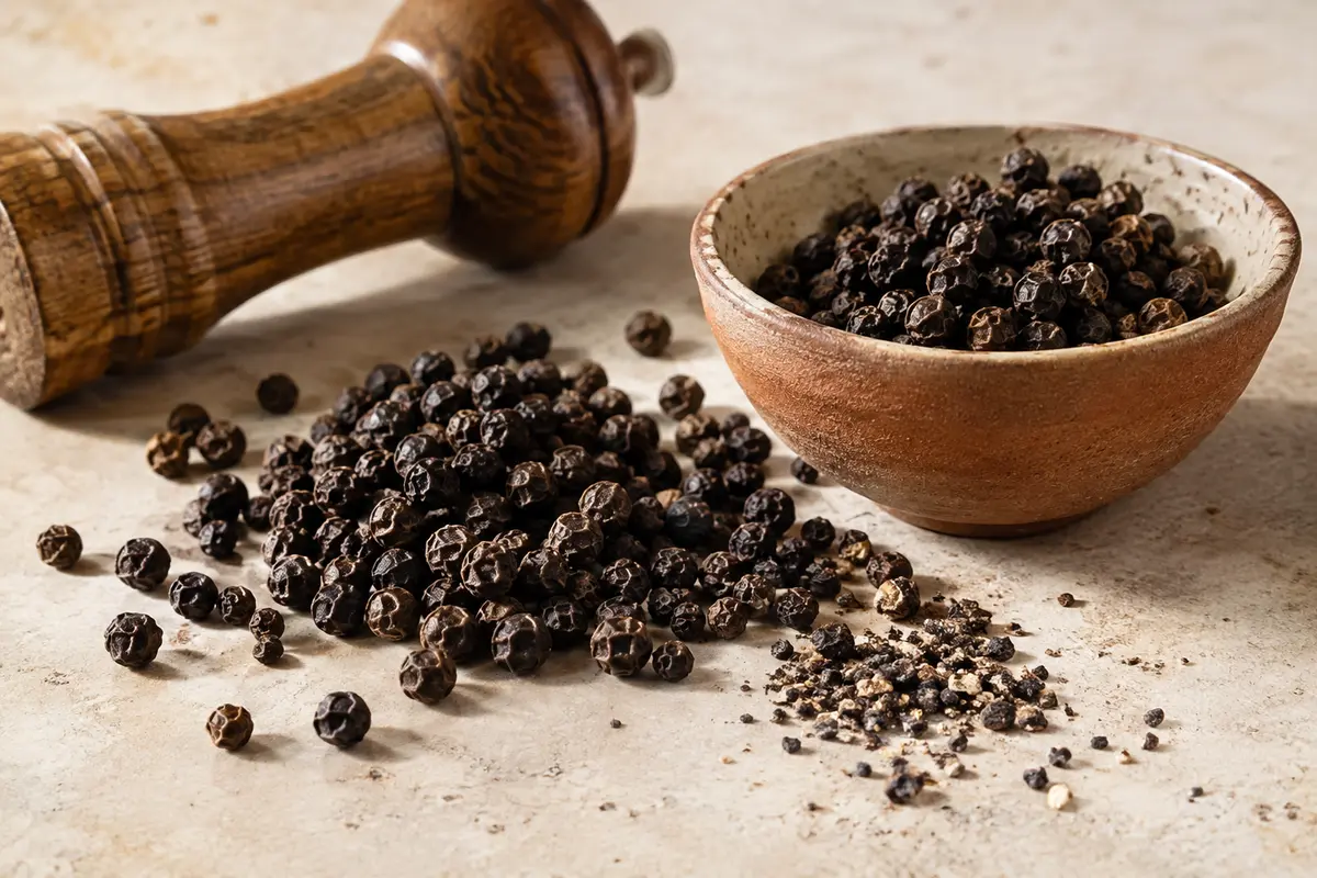Grains entiers de poivre noir de Malabar et poivre concassé présentés sur une pierre claire