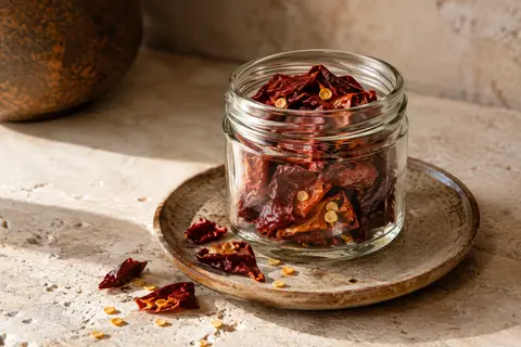 Morceaux de piment séché rouge dans un bocal en verre posé sur une pierre claire