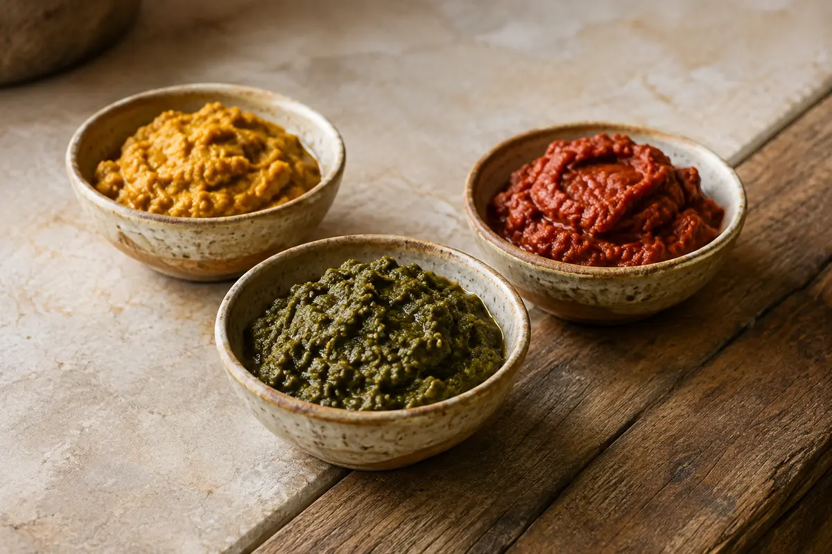 Trois pâtes de curry Cock verte, jaune et rouge présentées en portions distinctes sur une pierre claire.