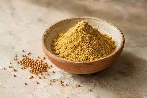 Poudre de moutarde anglaise dans une coupelle artisanale posée sur une pierre claire