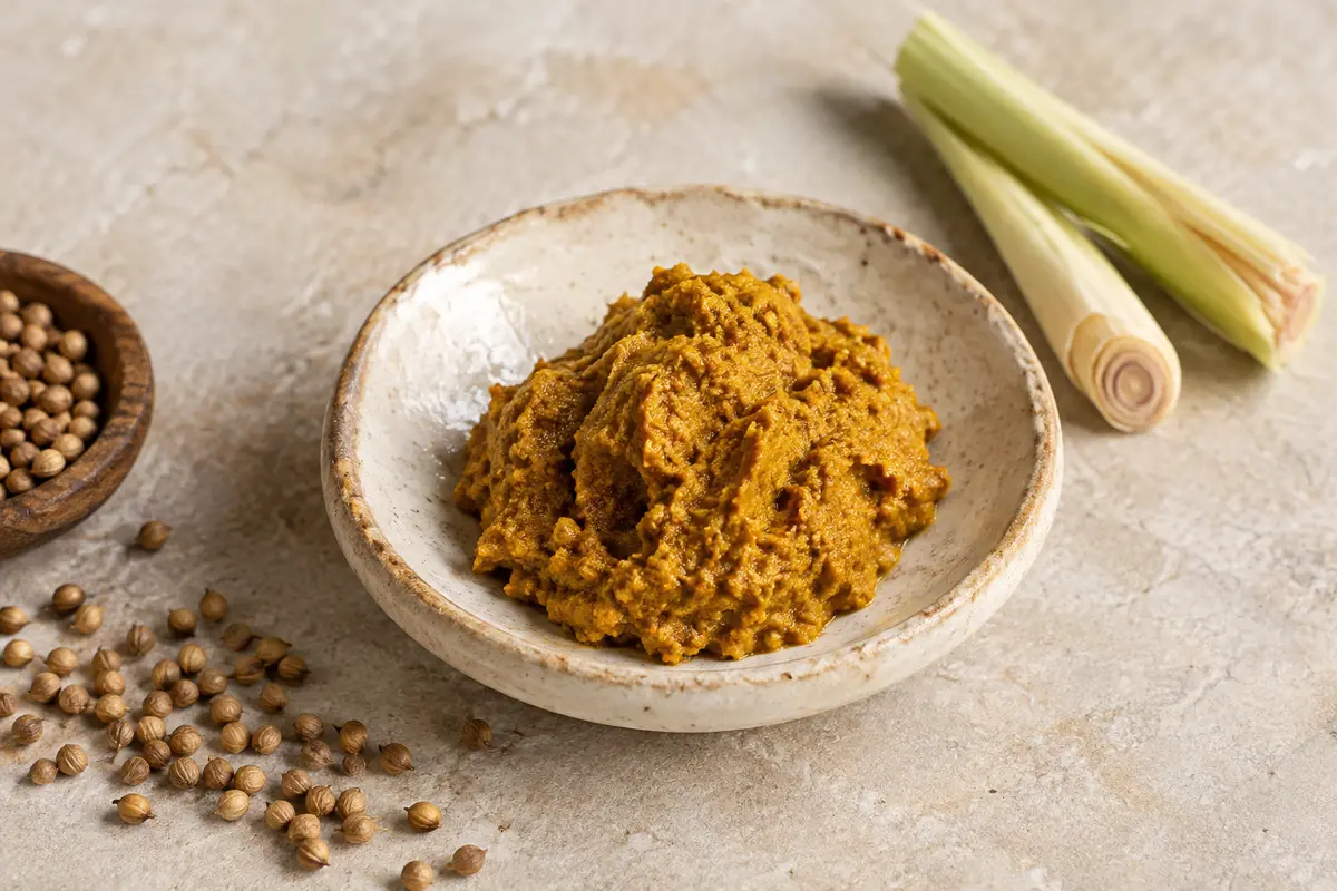 Pâte de curry jaune aux épices présentée sur une céramique artisanale claire