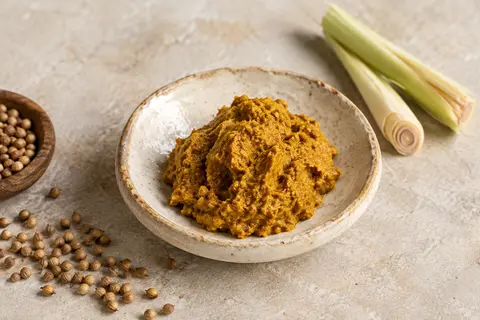 Pâte de curry jaune aux épices présentée sur une céramique artisanale claire