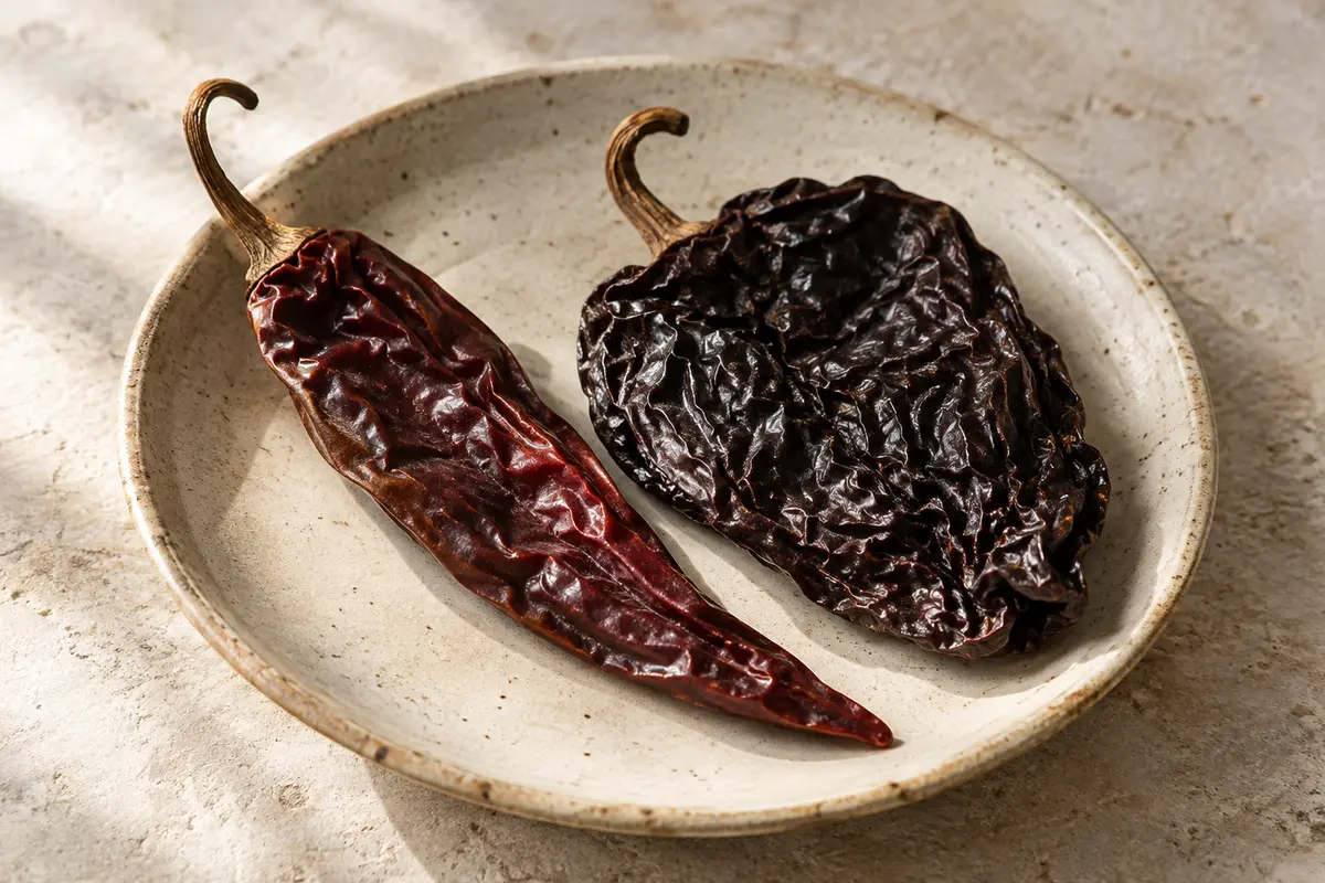 Piments séchés entiers Guajillo et Ancho présentés sur une céramique claire