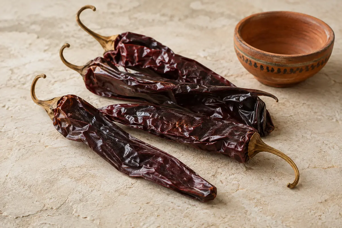 Piments guajillo entiers séchés, rouge sombre et ridés, disposés sur une pierre claire