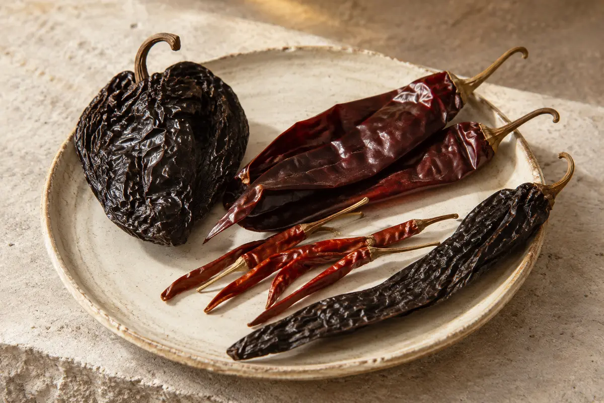 Quatre variétés de piments mexicains séchés entiers, aux formes et teintes rouges et brunes variées.