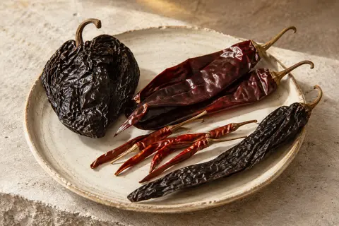 Quatre variétés de piments mexicains séchés entiers, aux formes et teintes rouges et brunes variées.