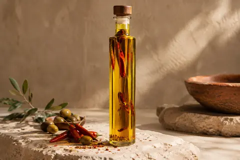 Flacon Doric d’huile d’olive extra vierge au piment posé sur une pierre claire avec quelques piments