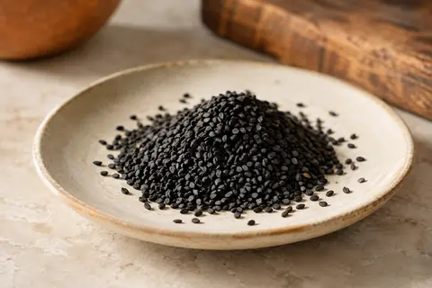 Graines de nigelle noires entières disposées sur une céramique crème et une pierre claire