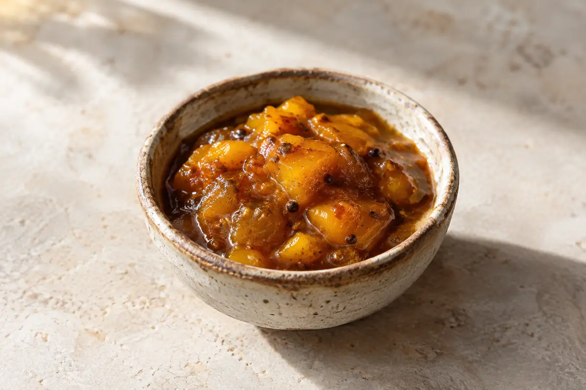 Chutney à la mangue épicée servi dans une petite céramique artisanale sur une pierre claire.