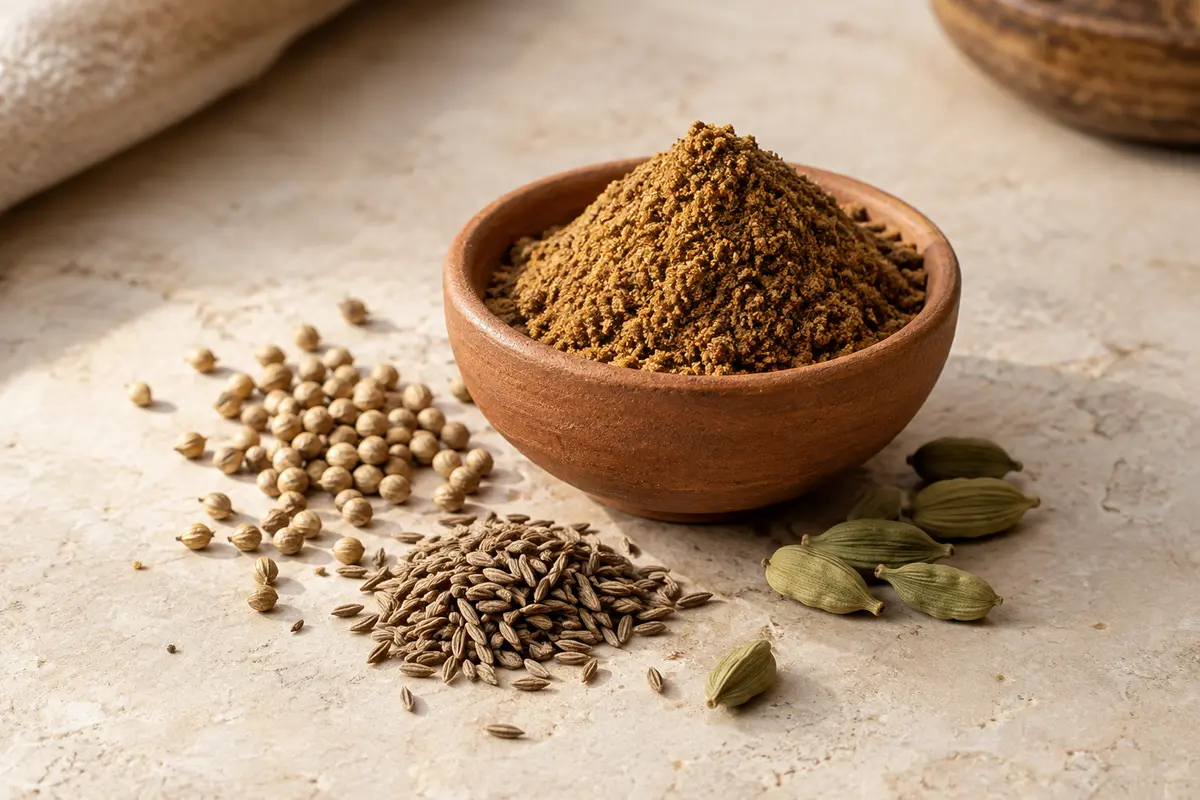Bol de garam masala en poudre sur une pierre claire, accompagné de quelques épices entières.