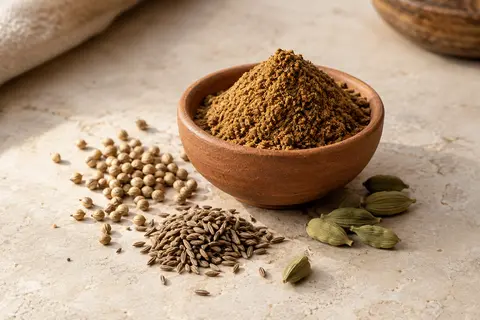 Bol de garam masala en poudre sur une pierre claire, accompagné de quelques épices entières.