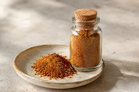 Flacon en verre de Ras el Hanout en poudre posé près d’une pincée d’épices sur une céramique claire.