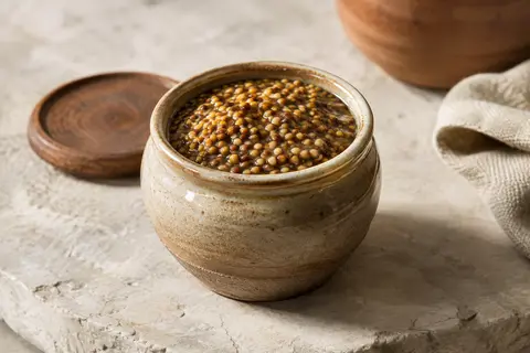Pot en grès ouvert contenant une moutarde en grains, posé sur une pierre claire.