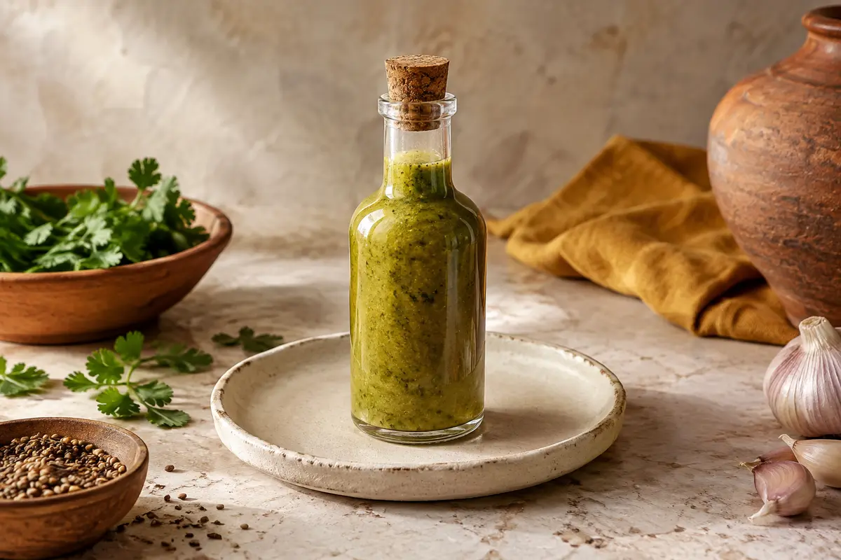 Bouteille de sauce piquante verte au habanero posée sur une céramique crème et une pierre claire.