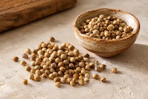 Graines de coriandre entières beige doré disposées sur une pierre claire près d’une coupelle en céramique.