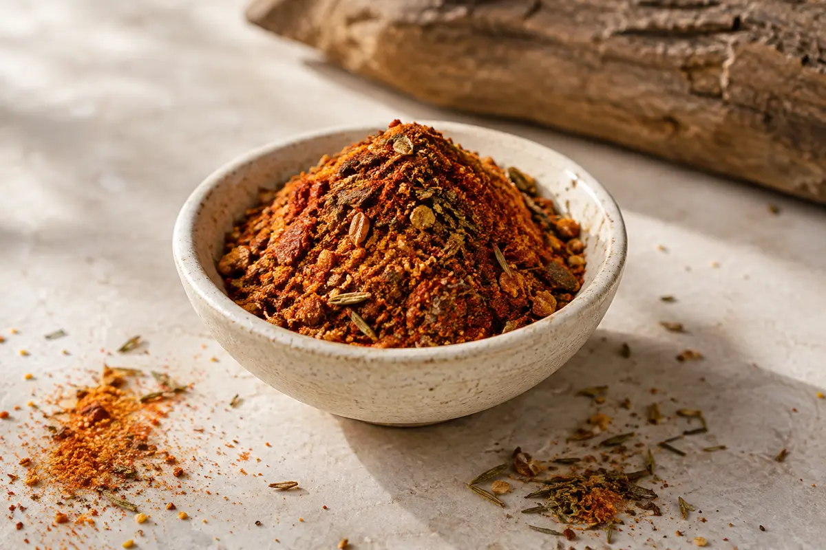 Mélange d’épices rouge pour couscous dans une coupelle en céramique, posé sur une pierre claire.