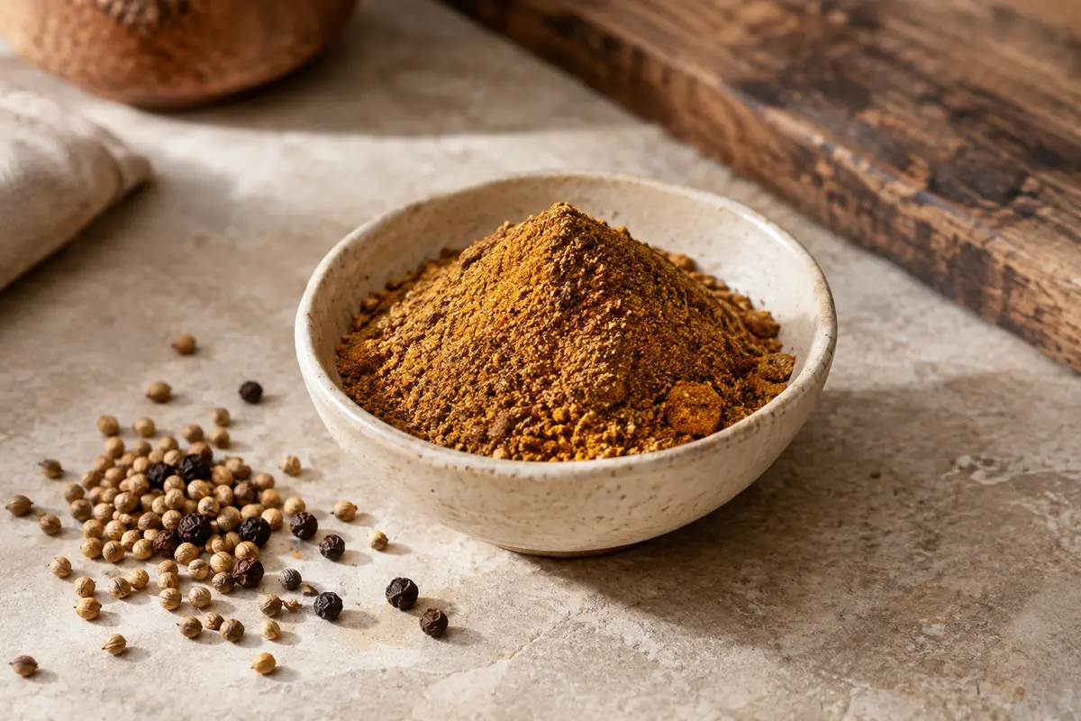 Mélange d’épices pour tajine en poudre dans une coupelle de céramique, posé sur une pierre claire