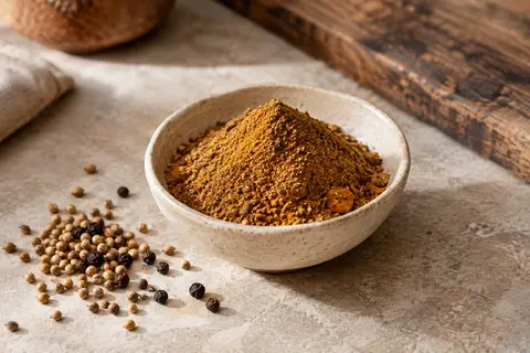 Mélange d’épices pour tajine en poudre dans une coupelle de céramique, posé sur une pierre claire