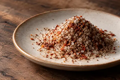 Mélange de sel marin gris et de piment d’Espelette présenté sur une céramique claire