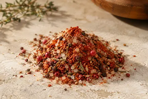 Sel fou aux épices en petit monticule, avec grains et éclats visibles sur une pierre claire