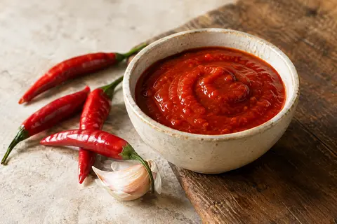 Sauce sriracha rouge dans un bol en céramique, avec des piments et une gousse d’ail