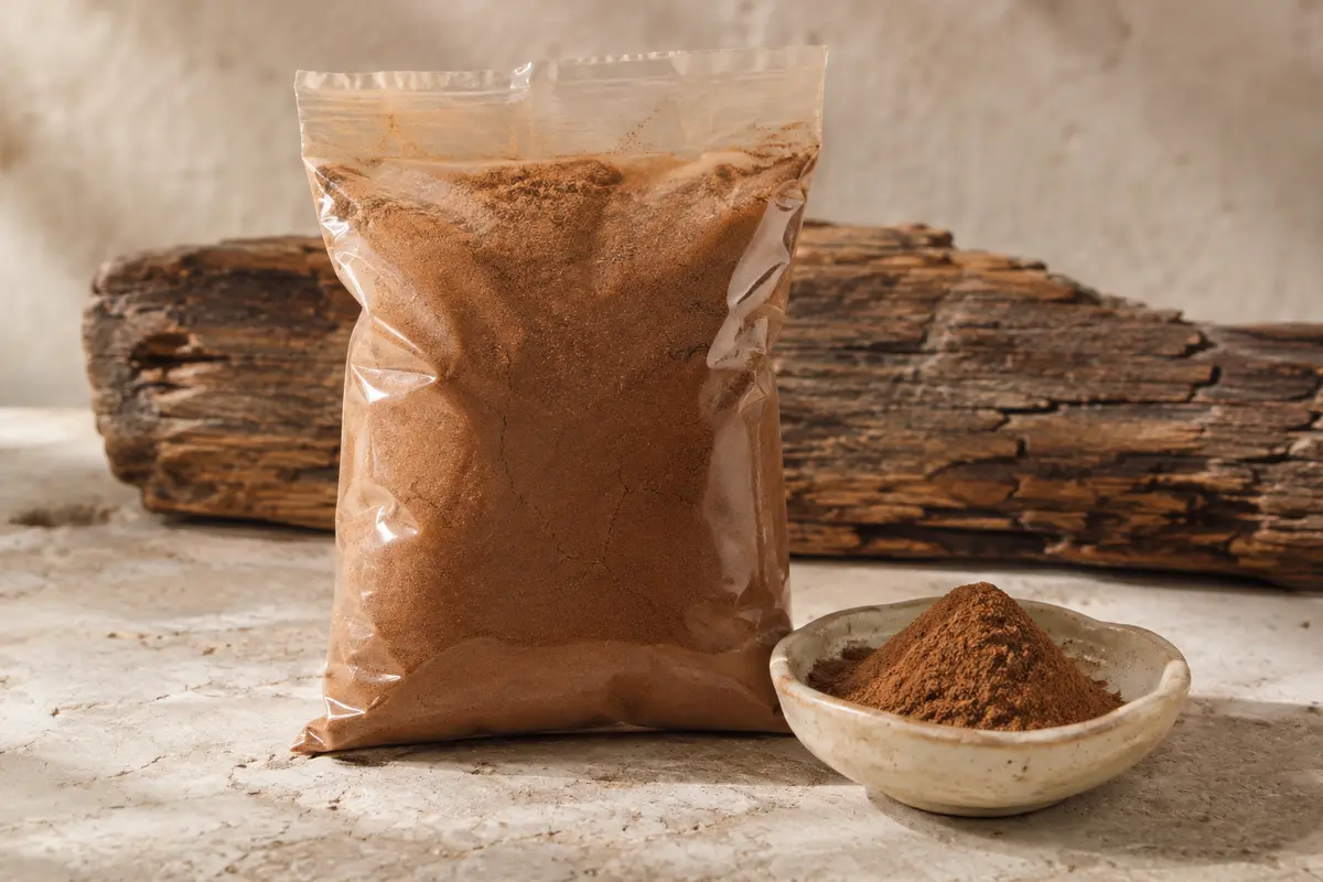 Sachet de cannelle moulue accompagné d’une petite portion de poudre sur une céramique claire