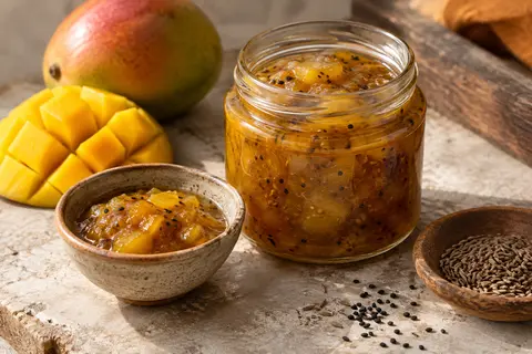 Bocal ouvert de chutney de mangue aux épices, servi dans une petite coupelle en céramique.