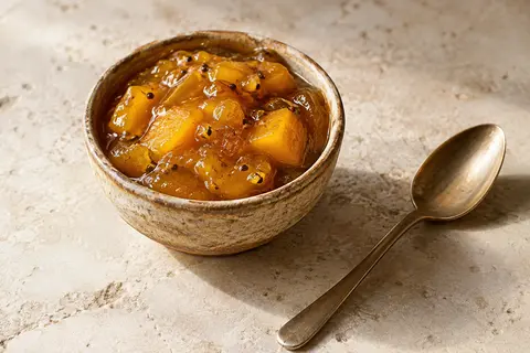 Chutney de mangue doré dans un bol en céramique posé sur une pierre claire