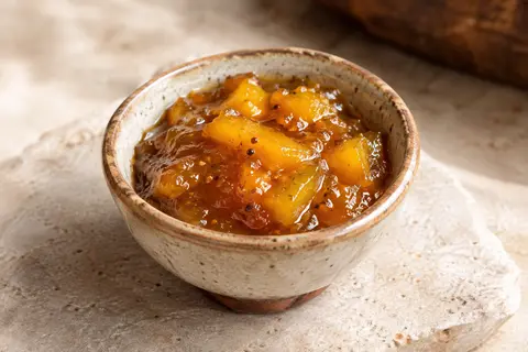 Chutney de mangue doré servi dans une coupelle artisanale sur une pierre claire