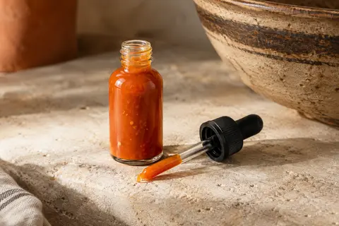 Petit flacon de sauce piquante The Resurrection accompagné de sa pipette, posé sur une pierre claire.