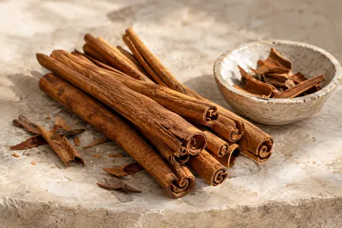 Bâtons de cannelle de Ceylan entiers disposés sur une pierre claire près d’une coupelle artisanale.