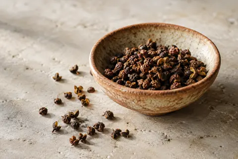 Baies entières de poivre de Timut dans une coupelle en céramique sur une pierre claire
