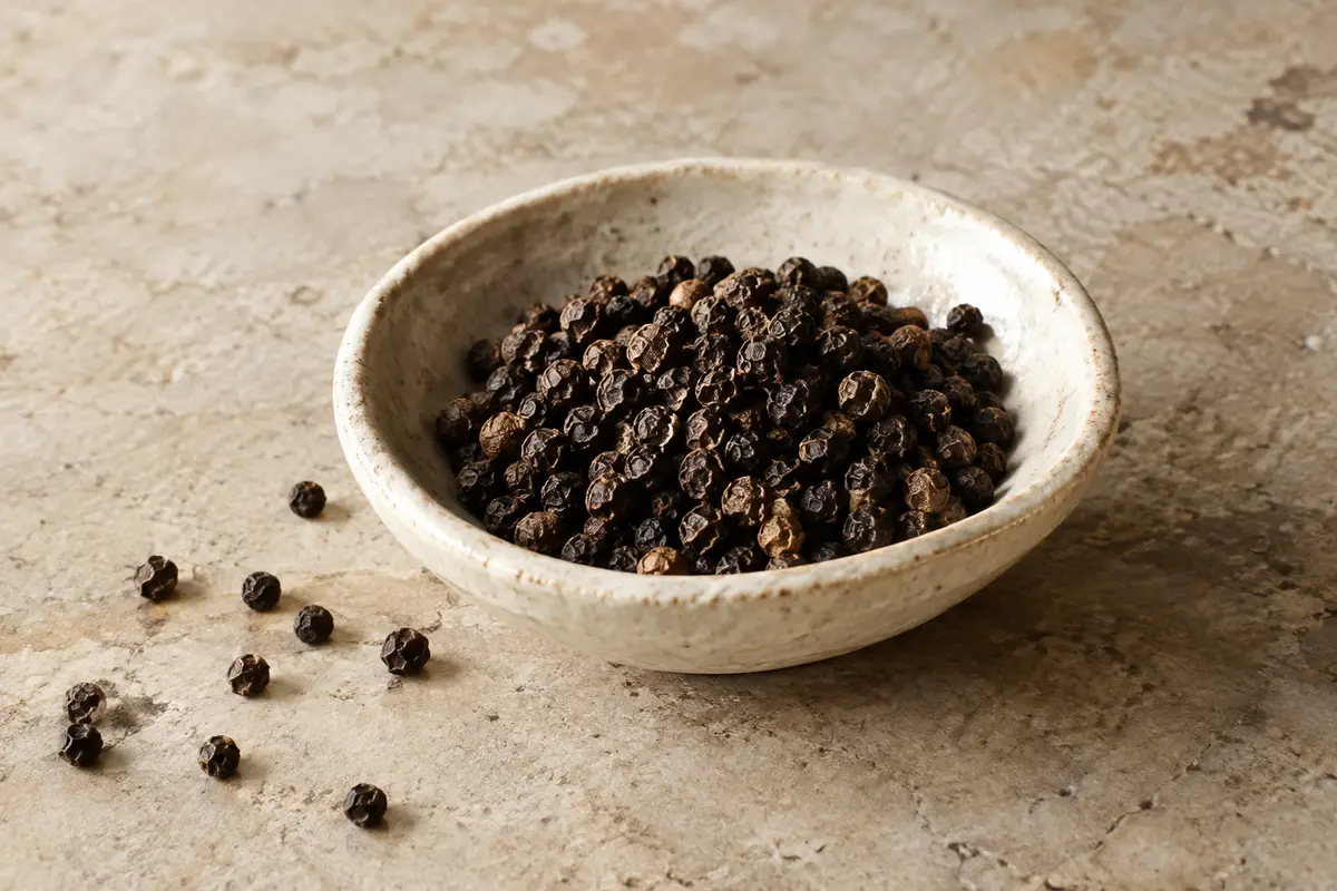 Grains de poivre noir de Kampot dans une coupelle en céramique sur une pierre claire