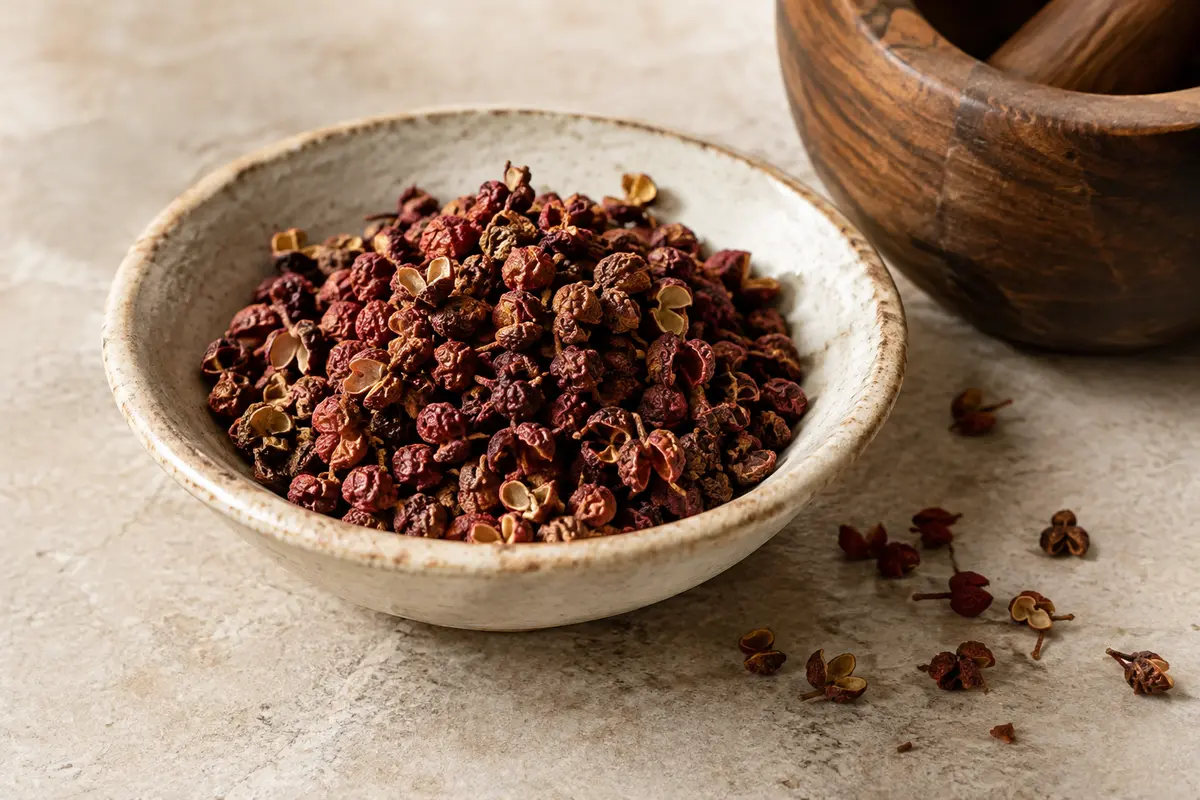 Baies entières de poivre rouge de Sichuan dans une coupelle en céramique sur une pierre claire.