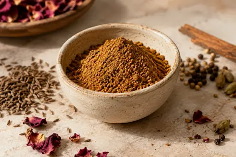Poudre de ras el hanout aux tons ocre présentée dans une céramique artisanale sur une pierre claire.