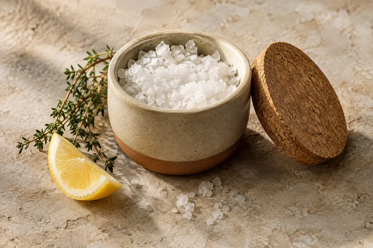 Boîte ronde de fleur de sel citron et thym avec des flocons posés sur une pierre claire.