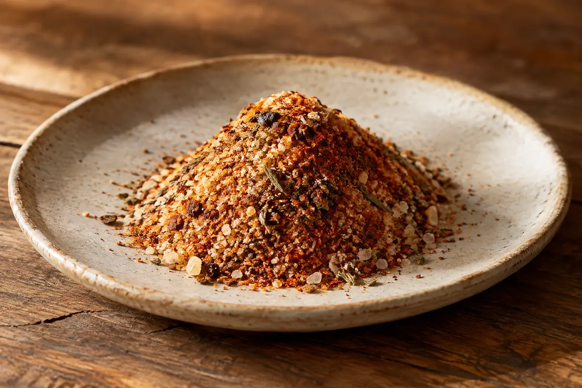 Monticule de sel fou fumé en poudre, aux nuances de paprika et d’herbes aromatiques, sur une céramique claire.