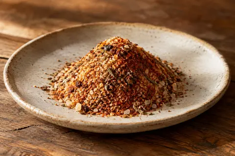 Monticule de sel fou fumé en poudre, aux nuances de paprika et d’herbes aromatiques, sur une céramique claire.