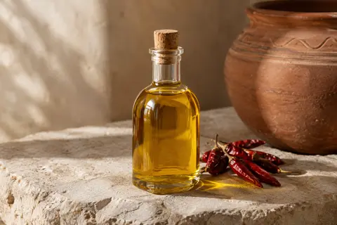 Bouteille en verre d’huile d’olive au piment rouge posée avec quelques piments sur une pierre claire.