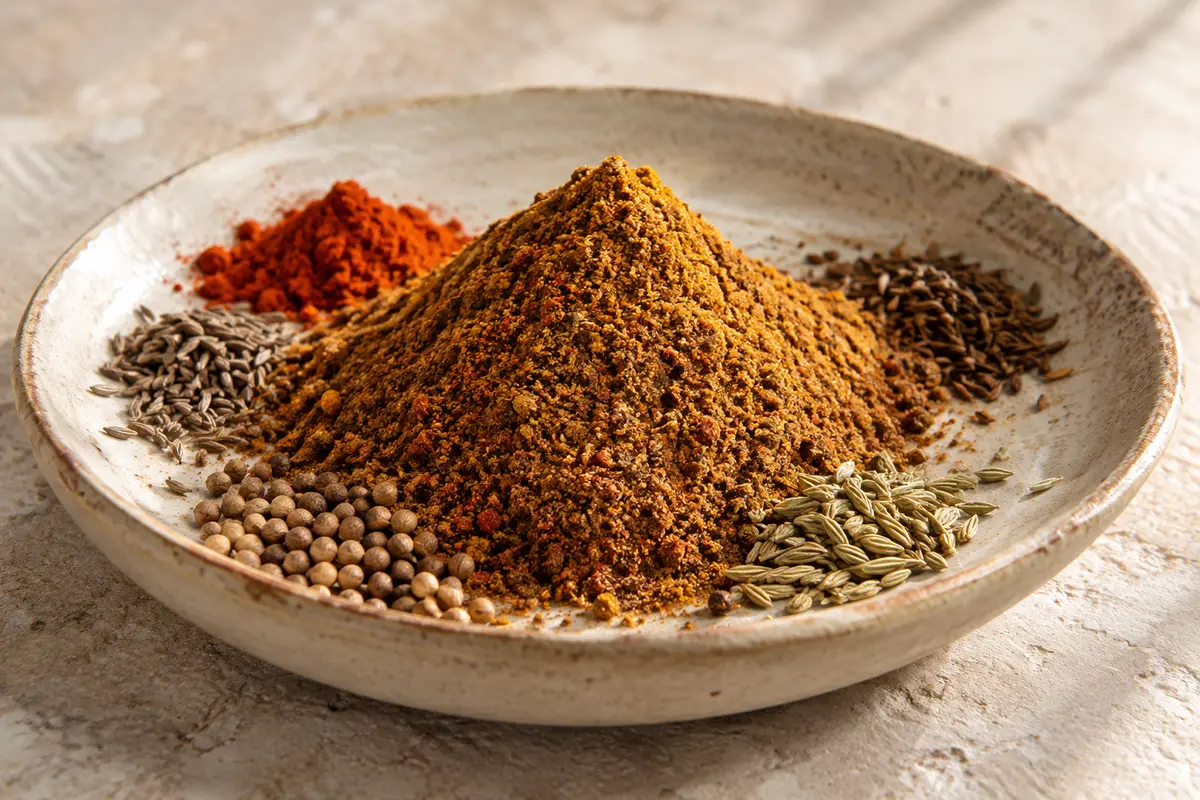 Mélange d’épices pour couscous en poudre présenté sur une céramique claire